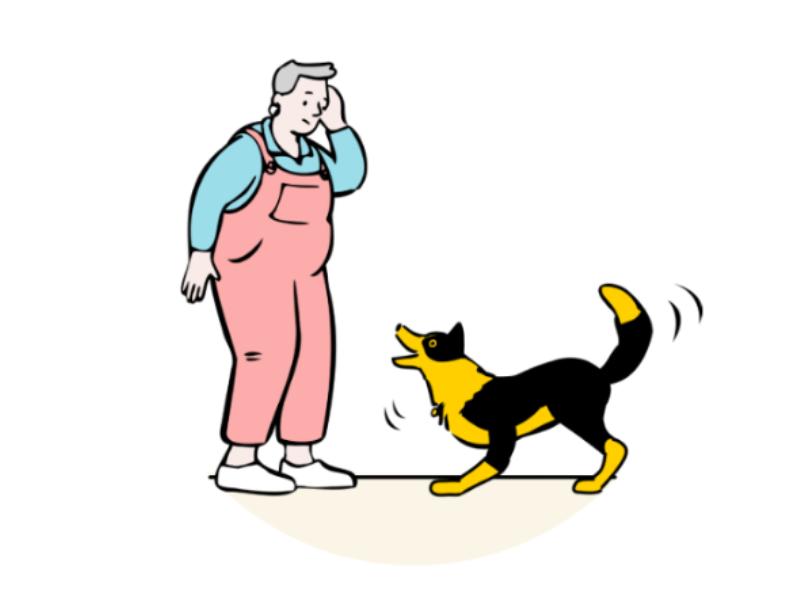 illustration of a lady owner wearing pink dungarees looking down at her adult german shepherd dog barking