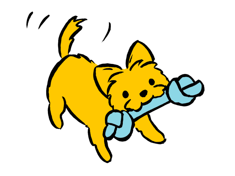 illustration of a puppy holding a blue rope toy in its mouth while wagging its tail